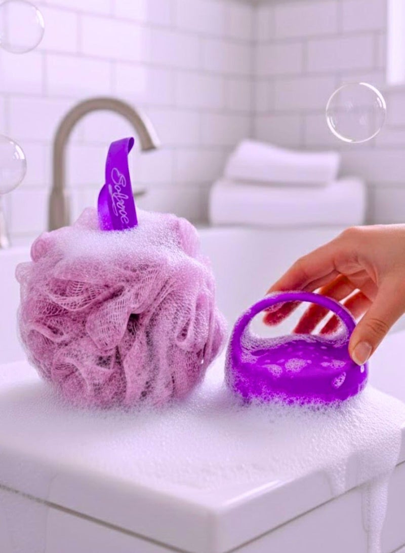 سولاري طقم شامبو وتدليك الليفة وفروة الرأس 2 في 1 – إسفنجة تنظيف الجسم + فروة رأس من السيليكون لإزالة القشرة، إكسسوارات دش نظيفة وعميقة للرجال والنساء (أرجواني) - Image 2